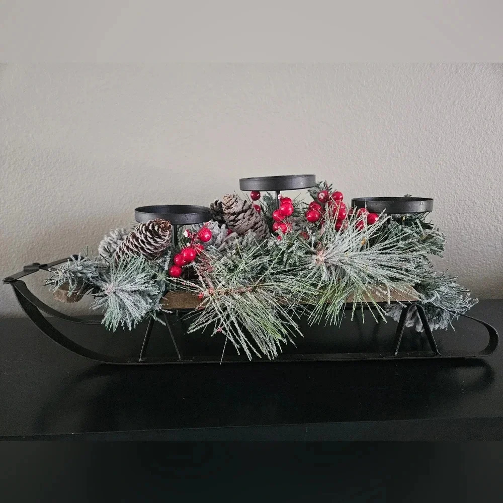 Christmas sleigh frosted pine and red berries‎ candle holder